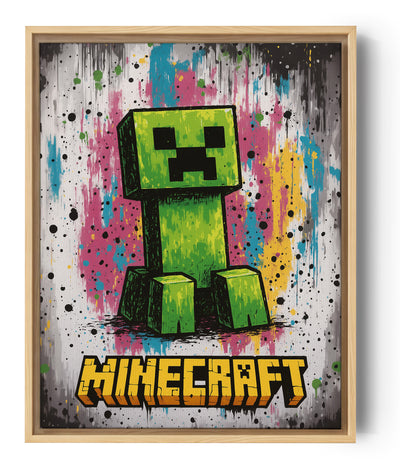 Gamer-Wandbild mit pixeliger grüner Figur auf mehrfarbig bespritztem Hintergrund, Pop-Art-Stil