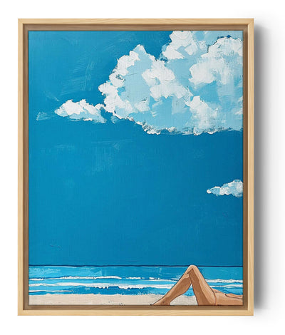 Minimalist beach view canvas wall art with a sunbathing woman, painting effect