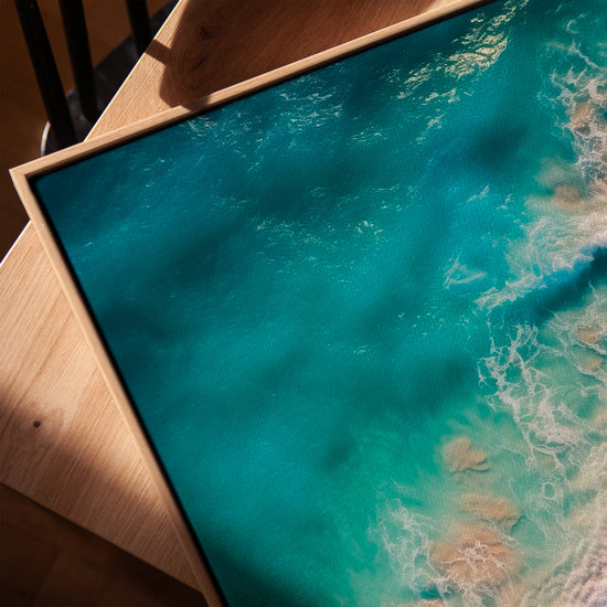 Aerial beach view wall art for living room, golden oak frame