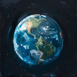 The image depicts a children's artistic painting of Earth viewed from space, set against a starry black background.