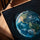 Planet Earth canvas wall art for living room, golden oak frame