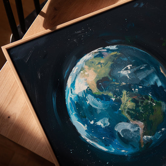 Planet Earth canvas wall art for living room, golden oak frame