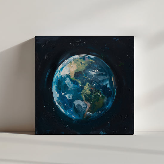 Kids' Earth painting seen from space on a starry black background - nursery wall art