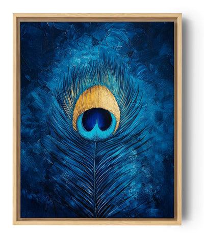 Eine detaillierte künstlerische Illustration einer Pfauenfeder. Die Komposition betont Nuancen von tiefem Blau und Gold, mit gemalten Texturen, die Relief und Tiefe hinzufügen. Das Werk beschwört die Eleganz und natürliche Schönheit des Pfauengefieders herauf, ideal für eine zeitgenössische Wanddekoration.