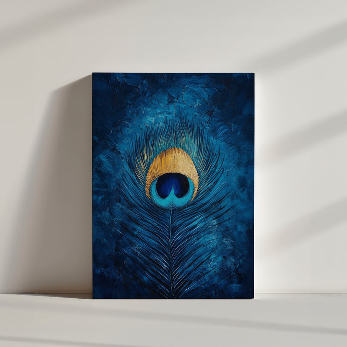 Peacock feather artwork in rich blue and gold with textured depth; modern wall art for contemporary interiors