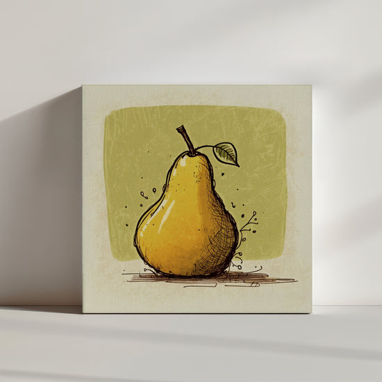Hand-drawn yellow pear wall art for kitchen decor, refined shading and gradients on a beige and green backdrop
