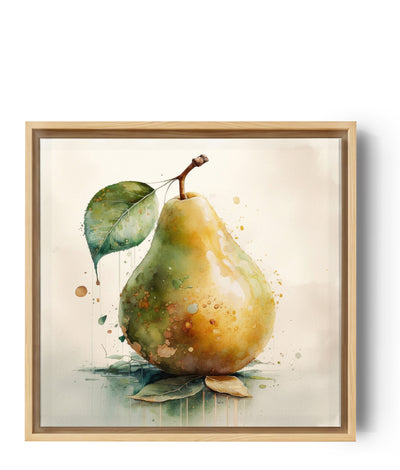Watercolor kitchen wall art of a juicy yellow pear with leaf; yellow and green hues on a neutral beige background