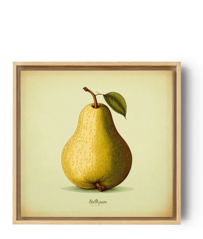 Tableau cuisine, Tableau poire jaune dessiné main. Des belles formes arrondies et des couleurs vibrantes apportent vitalité et générosité. La poire est surmontée d'une belle feuille verte attachée à sa tige, signe d'élégance et rappel son lien avec le poirier. Le fond du tableau est de couleur vert pomme. Le tableau est signé "Belle poire" de façon manuscrite