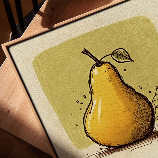 Yellow pear sketch wall art for living room, golden oak frame