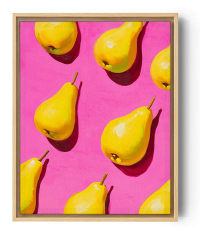Een modern en kleurrijk schilderij van gele peren op een felroze achtergrond, perfect om een pop-art toets aan een keuken toe te voegen. Het grafische ontwerp en de felle kleuren brengen een vrolijke en dynamische sfeer