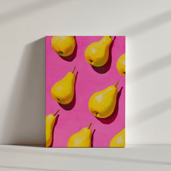 Colorful pop art poster with yellow pears on a bright pink background, ideal for modern kitchen wall decor; bold, graphic style adds an upbeat, energetic feel