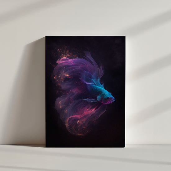 Betta fish wall art with iridescent highlights and a starry universe, serene and poetic