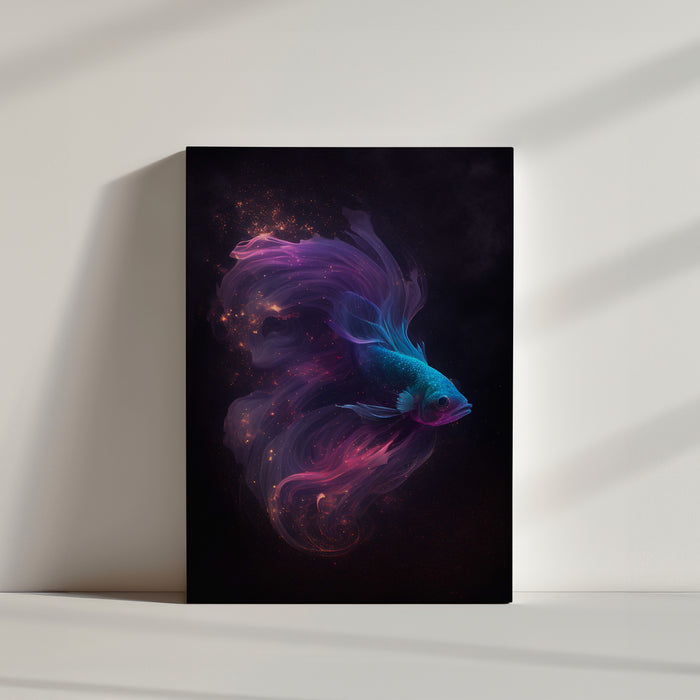 Betta fish wall art with iridescent highlights and a starry universe, serene and poetic