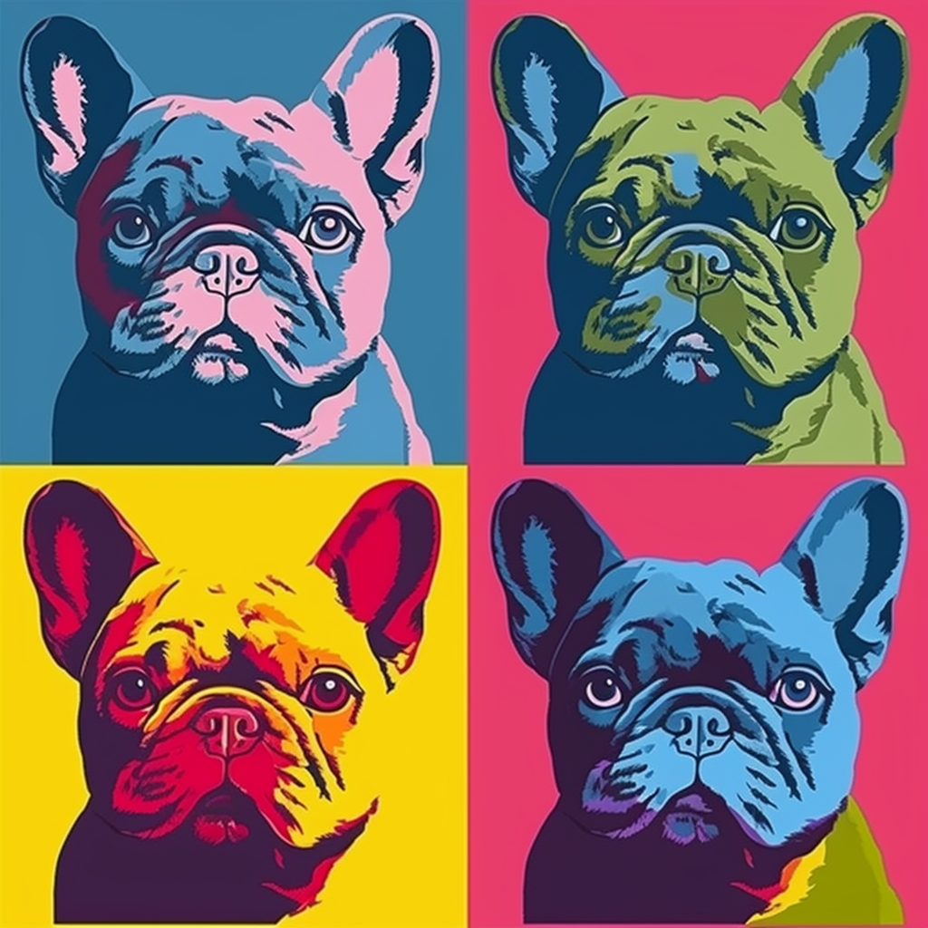 Une composition artistique mettant en scène quatre portraits de bouledogues dans des couleurs intenses crée une œuvre d'art pop et décalée