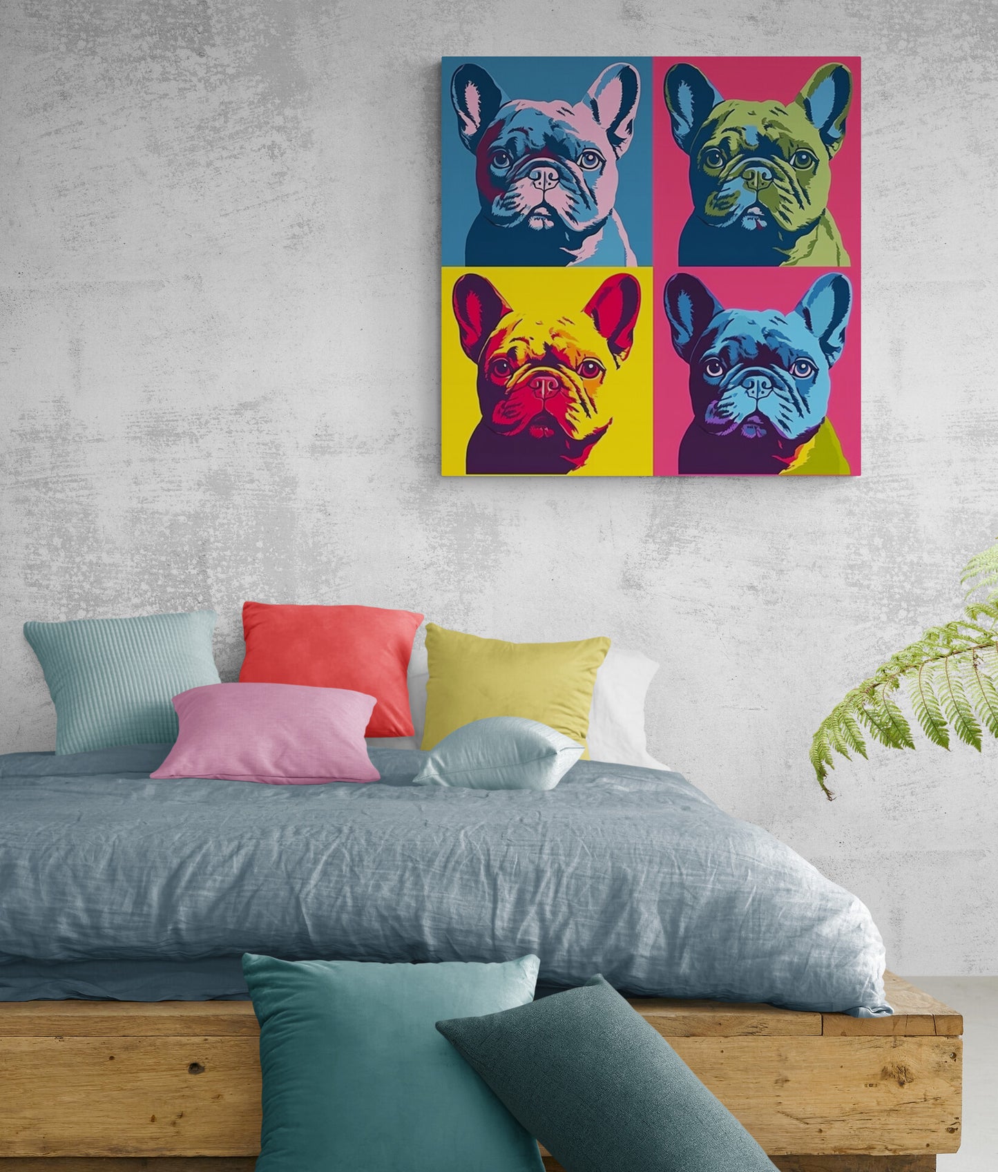 Un tableau Bouledogue Pop Art original habille un mur d'une chambre  apportant une atmosphère ludique et coloré