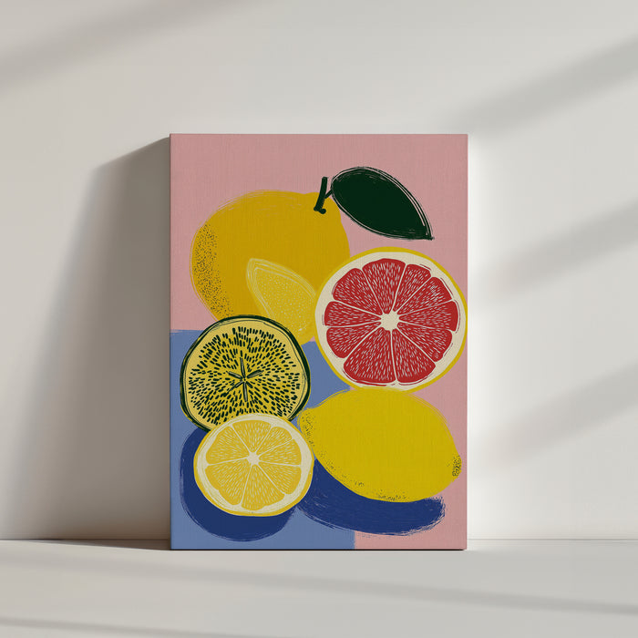 Pop art lemon and grapefruit on a colorful background, modern kitchen wall art