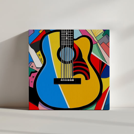 Vibrant Pop Art music illustration featuring a guitar body in primary colors