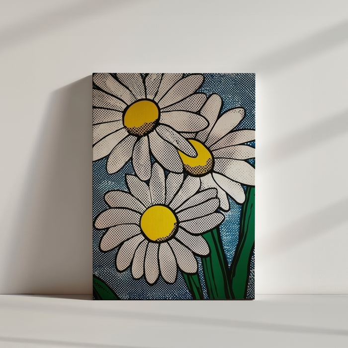Pop art daisy wall art close-up with halftone dot effect and vibrant colors