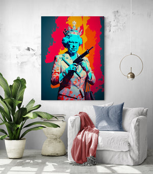 tableau décalée et coloré de la reine Elisabeth 2 dans un style pop art