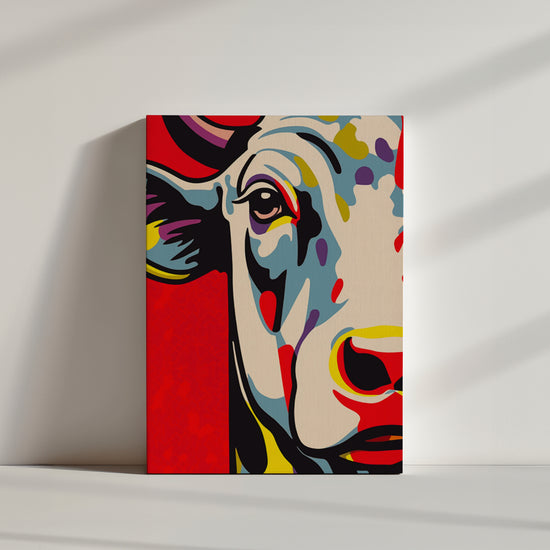 Pop Art Cow Painting with Red Background in Bold Primary Colors – High-Contrast Wall Art