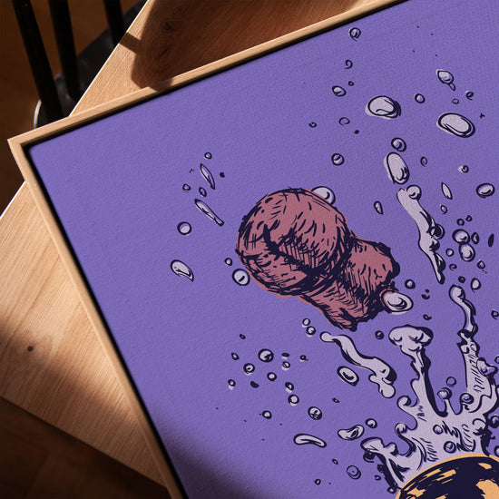 Tableau bouchon champagne pop-art violet pour salon cadre chêne doré
