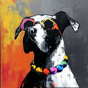 Expressive painting of a dog wearing colorful sunglasses.