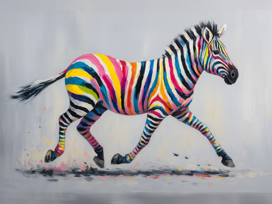 Rainbow-striped zebra painting, colorful zebra wall art