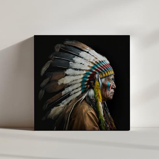 Ultra-realistic Indigenous portrait canvas, serene and wise Native American artwork