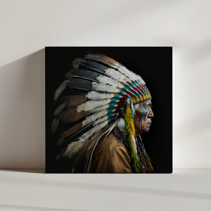 Ultra-realistic Indigenous portrait canvas, serene and wise Native American artwork