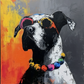 Peinture expressive d'un chien avec lunettes de soleil colorées.
