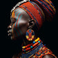 le tableau de Profil d'une femme noire  met en valeur l'identité et la force de la femme africaine, magnifiquement mise en lumière par une parure de perles rouges