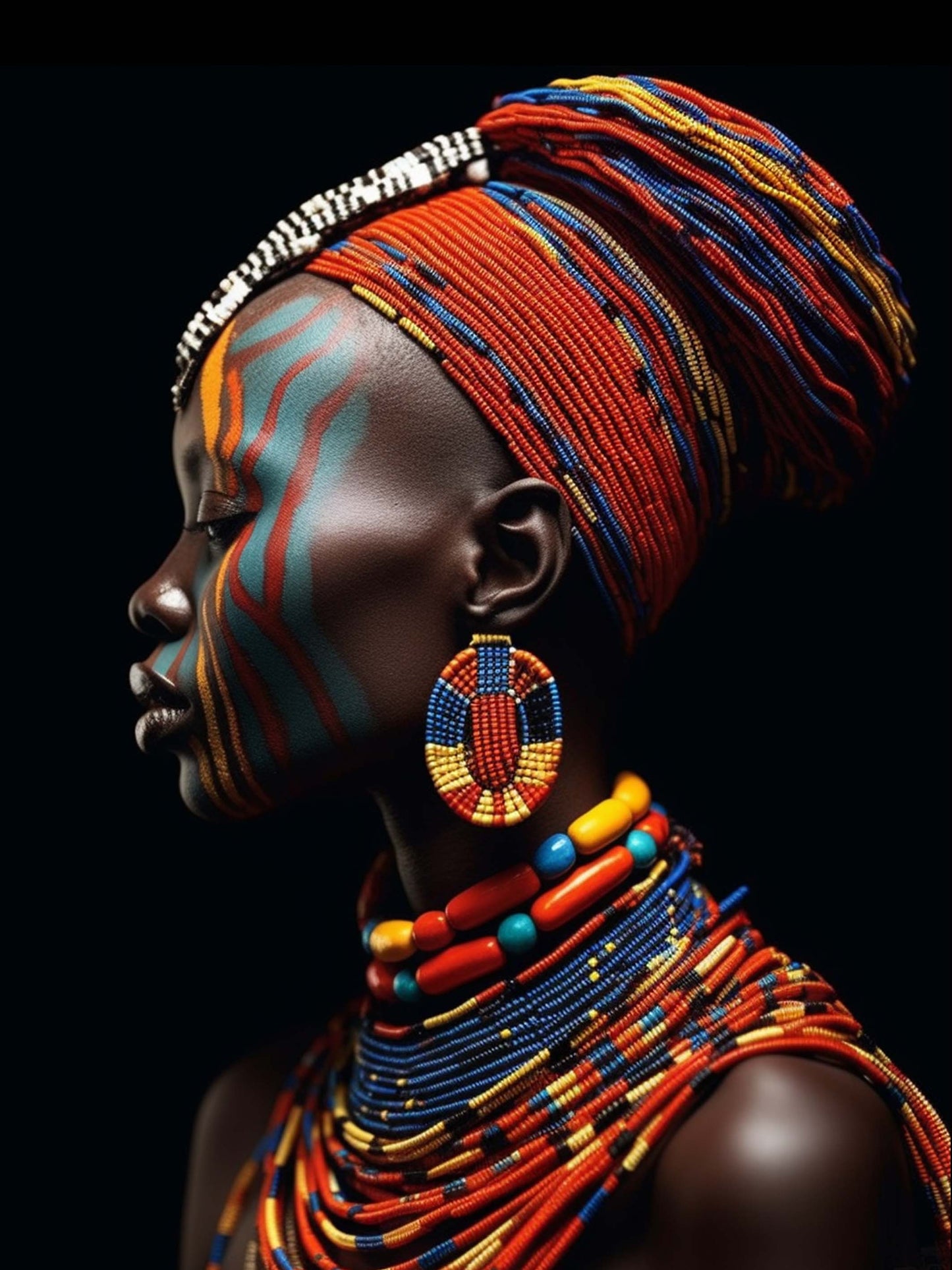 le tableau de Profil d'une femme noire  met en valeur l'identité et la force de la femme africaine, magnifiquement mise en lumière par une parure de perles rouges