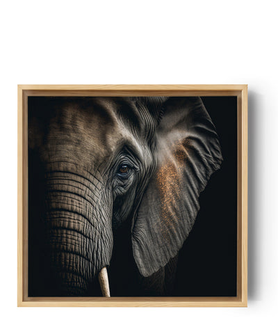 cuadro mural para salón, primer plano de un rostro de elefante sobre un fondo negro brillante, retrato gran angular