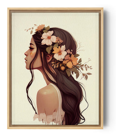 Wandbild eines jungen Mädchens mit Blumen im Haar, Pastellfarben