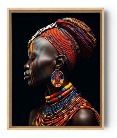Profile portrait of a Black woman celebrating African identity and strength with red beaded jewelry, canvas wall art
