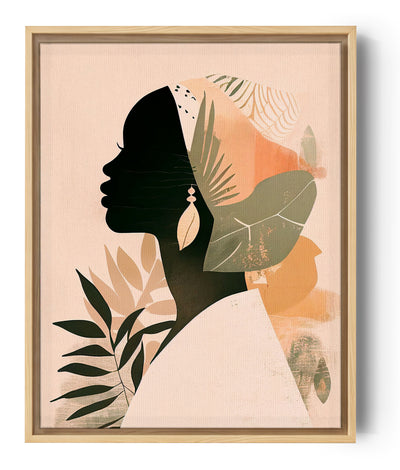 tableau déco boho chic, art Boho, illustrations femme africaine, couleurs douces, formes organiques, sur une texture de papier,
