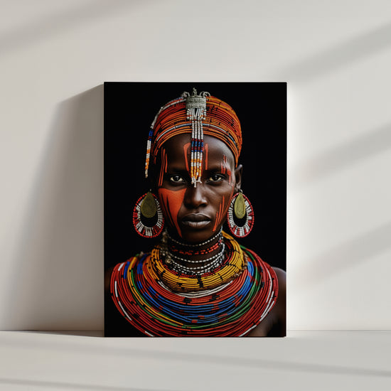 portrait art deco tableau ethnique femme africaine perles rouges