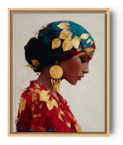 retrato de una mujer con turbante flores oro y joyas étnico