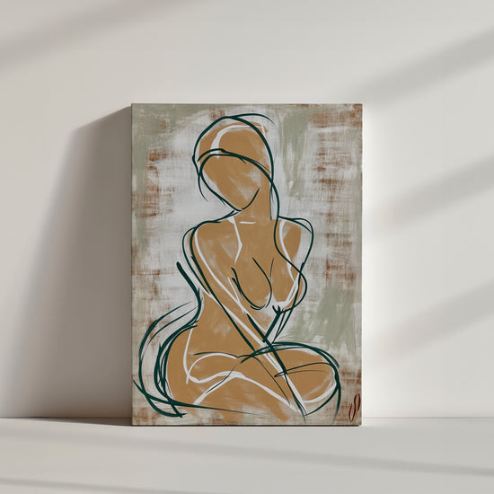 Line art portrait of a woman on canvas with soft, neutral tones – minimalist wall art