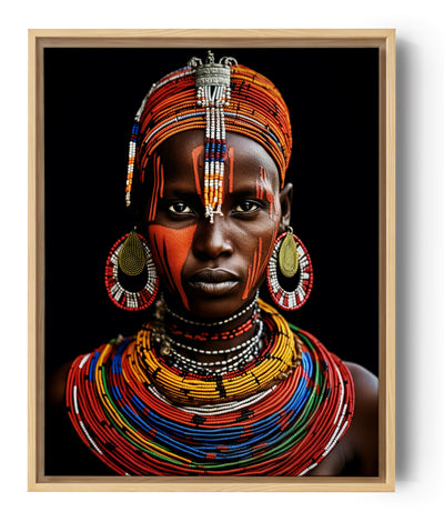 Art Deco African woman portrait wall art with red beaded necklace