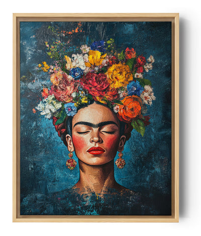 Frida Kahlo portrait with a vibrant flower crown in red, yellow, and blue on a textured navy background - artistic wall decor