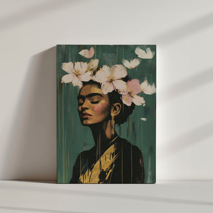 Poster artistique représentant un portrait de Frida Kahlo sur un fond vert, orné de fleurs blanches et roses, avec des accents dorés. Idéal pour une décoration murale élégante et artistique.