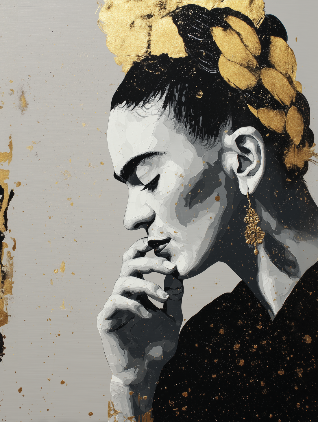 Frida Kahlo Canvas Wall Art - Black & White Street Art with Gold Accents