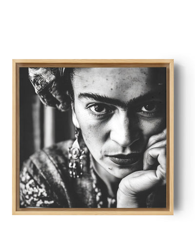 Intense black and white close-up portrait of Frida Kahlo—hand under chin, piercing gaze, soft light; powerful monochrome photo
