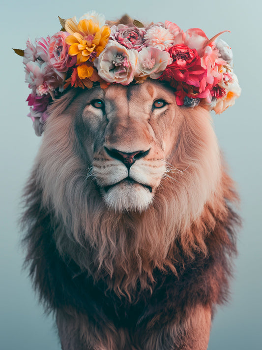 toile lion réaliste, portrait, couronne de fleur, animal sauvage.