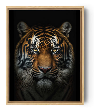 cuadro Rostro de tigre, ligeramente iluminado, fondo negro, fotografía, 8k