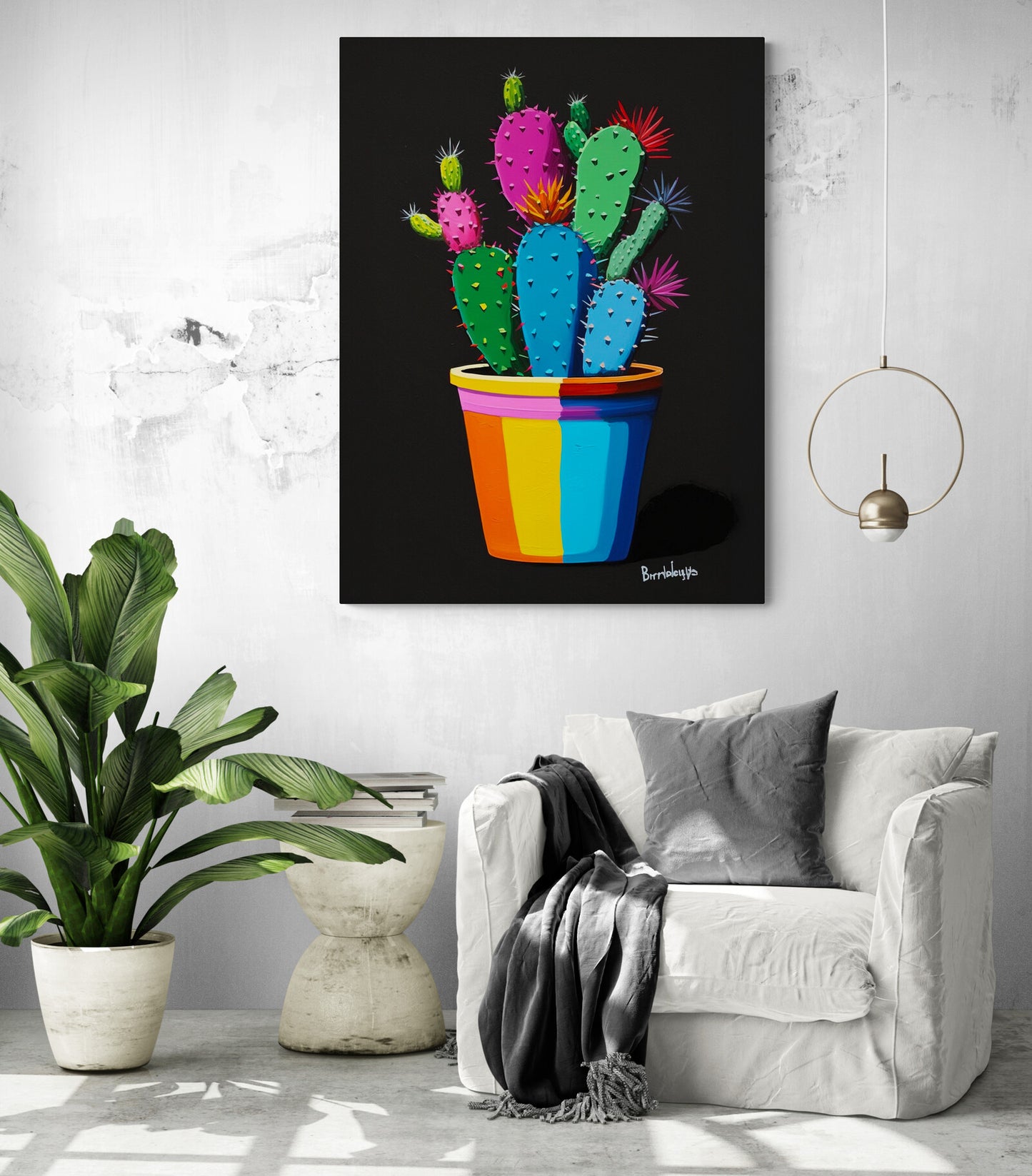Tableau Cactus vibrant surplombant un fauteuil blanc, ajoutant un éclat audacieux à la décoration intérieure.