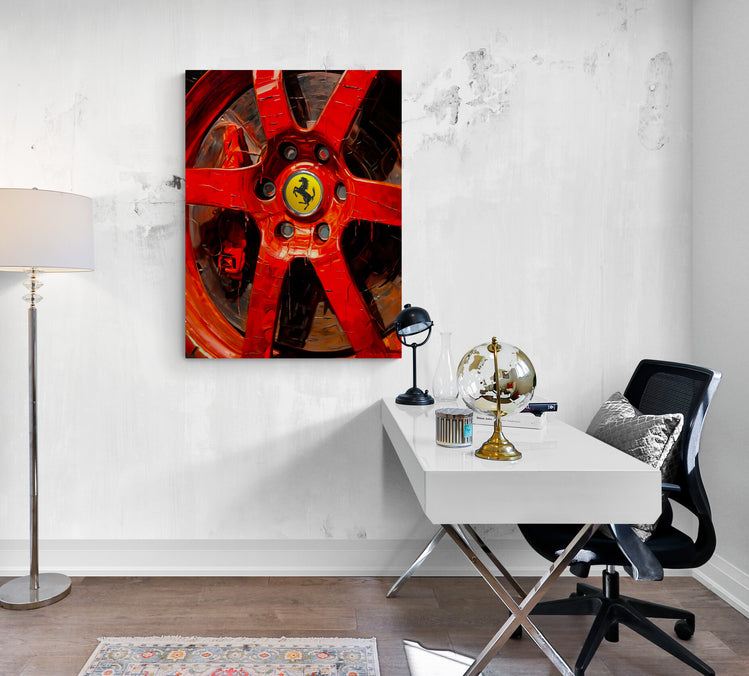  peinture d'une roue de ferrari red, dans un bureau design moderne.