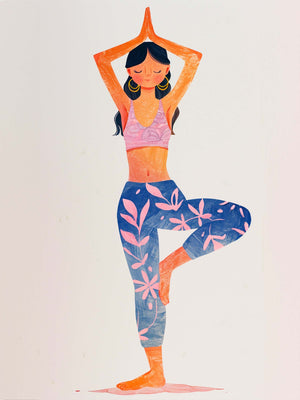 Bright illustration of a yoga balance pose, soft pastel tones.