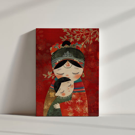 Toile représentation poupée russe enfant et maman, fond rouge floral thème chinois.